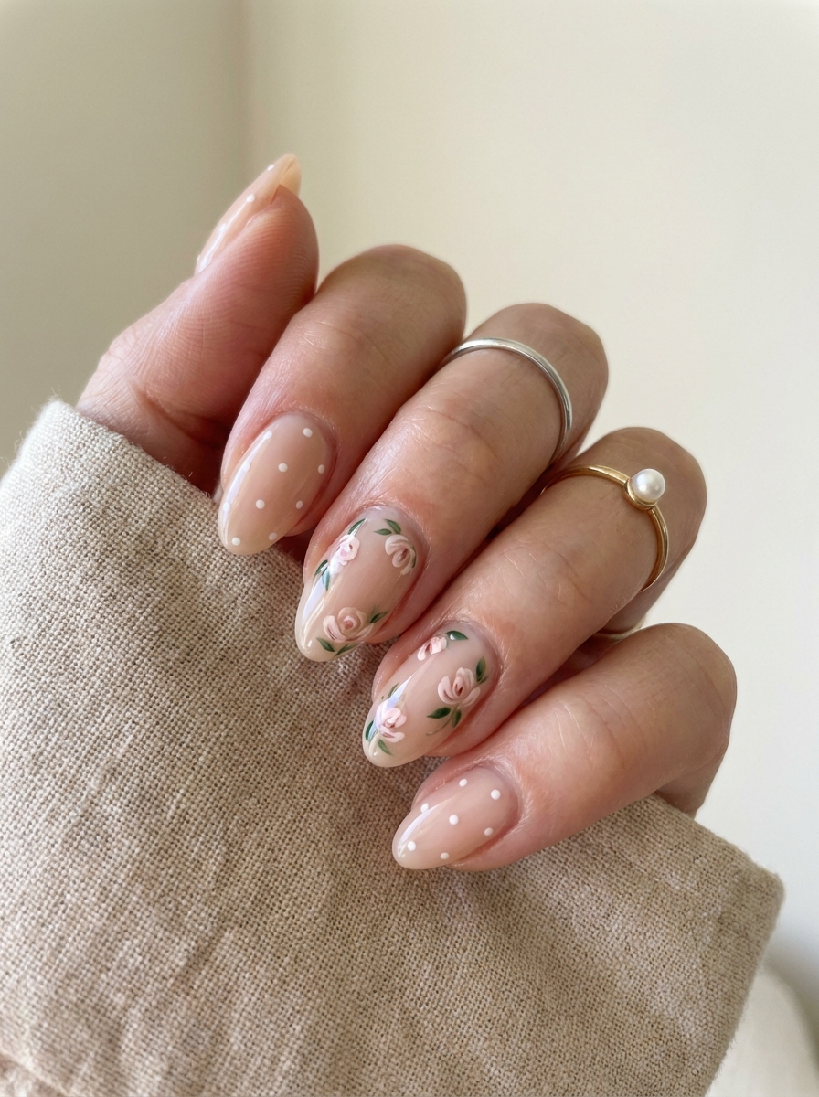 Floral Polka Dot Nails mit Punkten und zarten Blütenakzenten